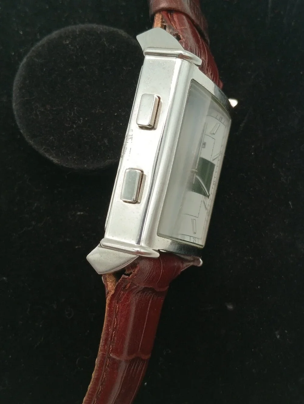 Triumph Rectangular Silver Tone Watch with Brown Leather Strap Very Rare